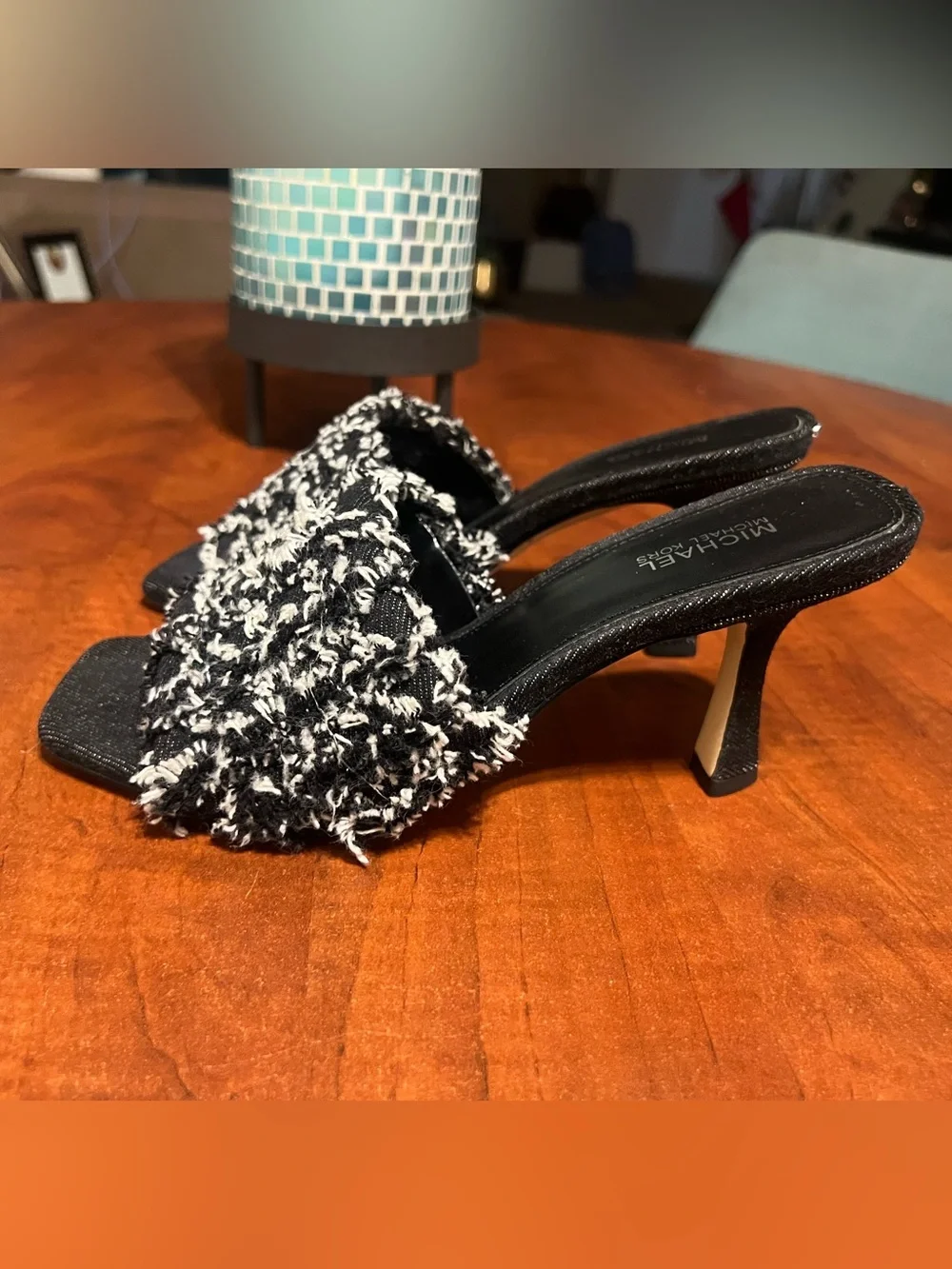 Michael Kors Black and White Tweed Slide Mules